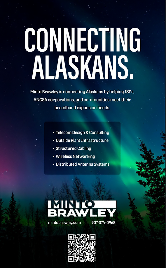 Connecting Alaskans flier showing Minto Brawley's list of broadband expansion needs with northern lights in background